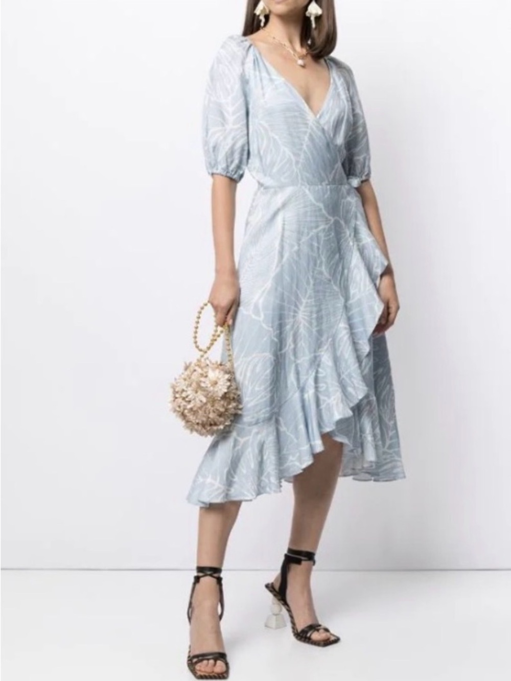 Marchesa Rosa Floral Print Blue Linen Blend Ruffled Wrap Mid-calf Dress Size 12